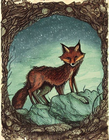 Victorian Fox in Moonlit Forest, Alcohol Ink Style