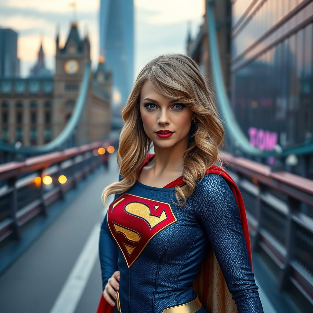 Taylor Swift as Supergirl, standing heroically at London bridge.