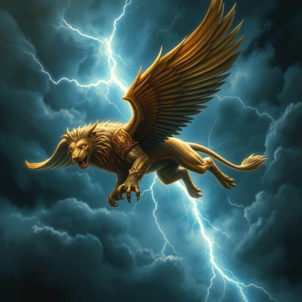 Winged Lion Griffin Soaring in Stormy Sky