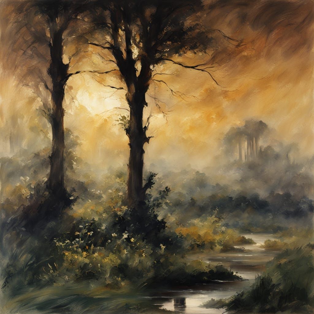 Misty Rural Landscape: Fluid Gouache Masterpiece