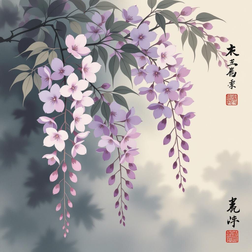 Yamato-e Wisteria Blossoms Painting with Ink Accents