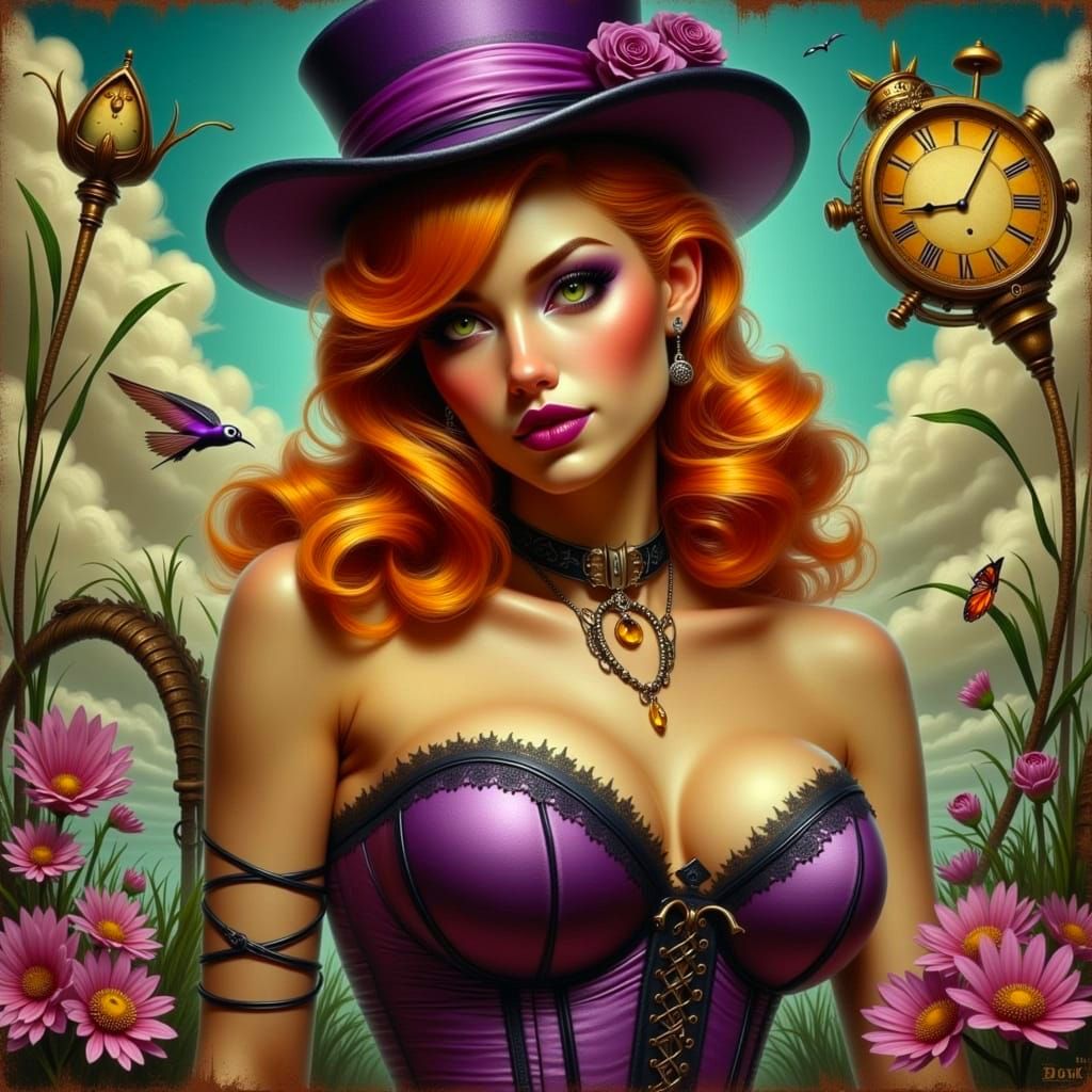 Retro Gothic Beauty in Vintage Corset and Top Hat