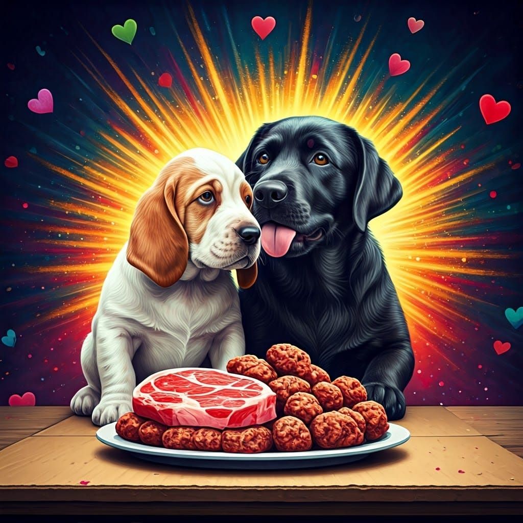 Whimsical Watercolor Masterpiece of a Pup's Steak Feast