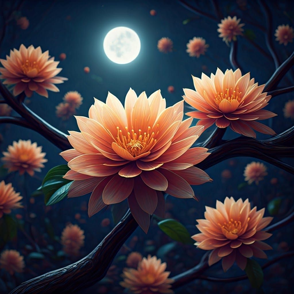 Moonlit Flowers on Tree: Hyperrealistic Concept Art