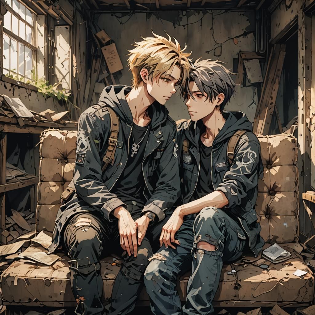 Handsome Young Men Share a Tender Moment in a Post-Apocalypt...