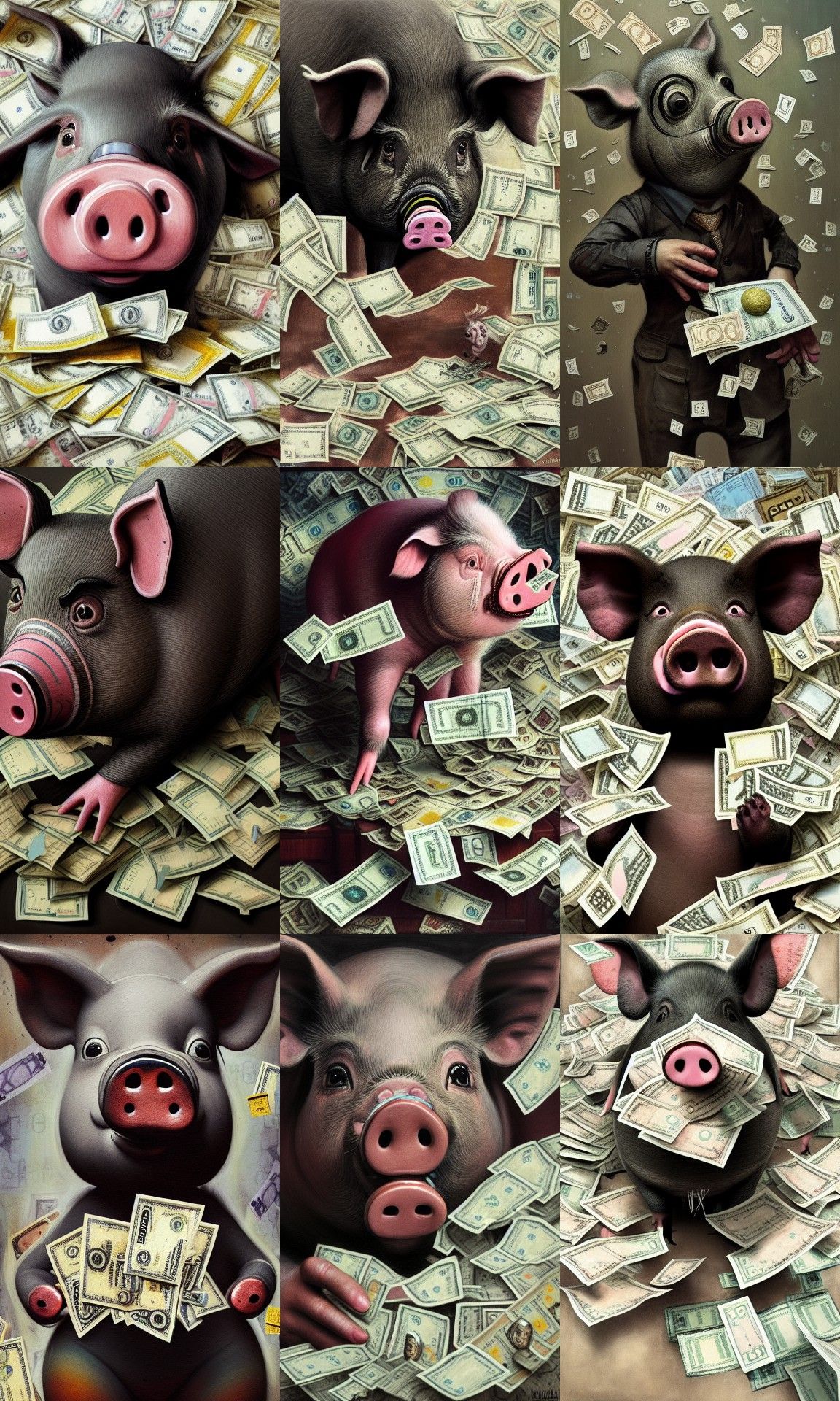 Hyperrealistic Anthro Pig with Cash, Mixed Media Painting