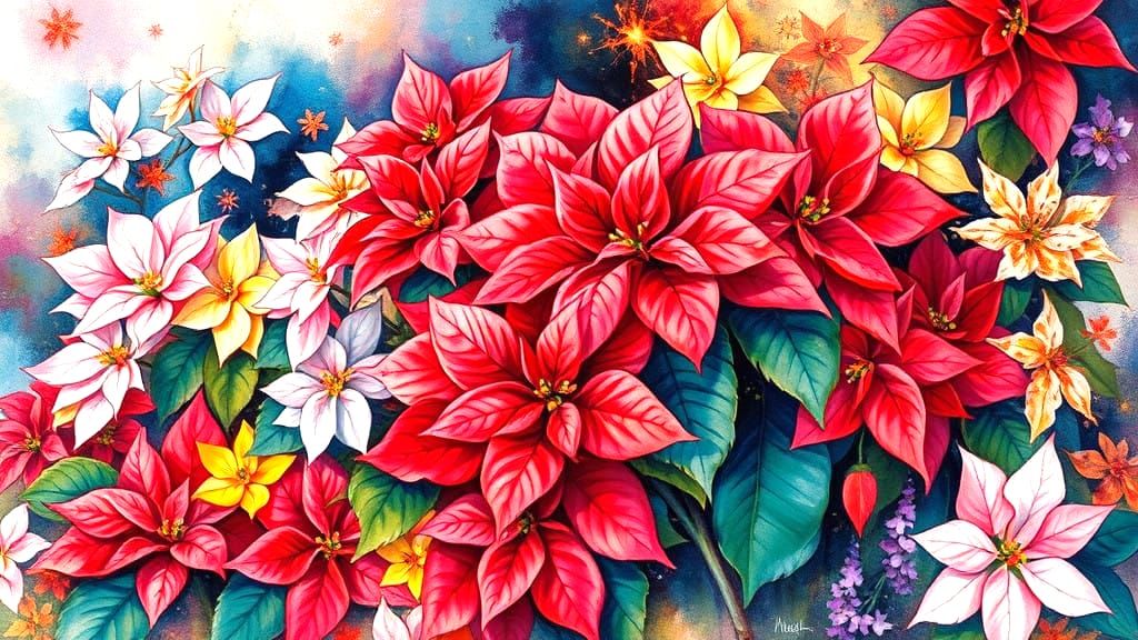 Lush Christmas Poinsettia Blooms in Vibrant Abstract Style