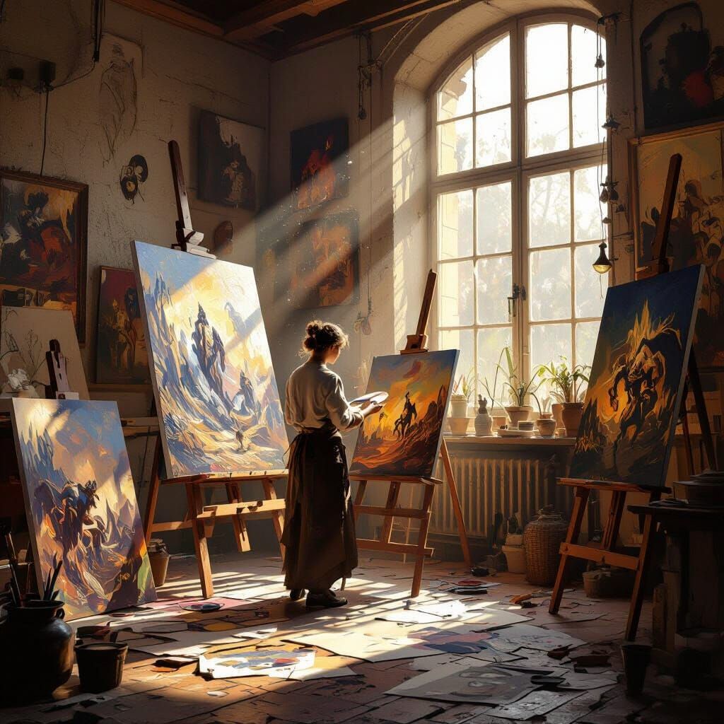 Artist's Studio Concept Art with Dramatic Lighting