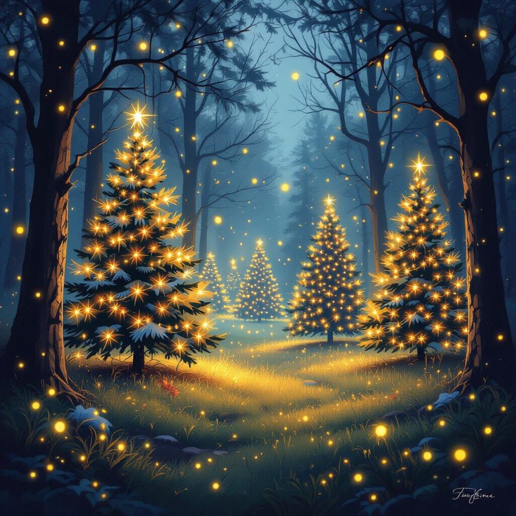 Magical Forest Christmas Scene with Glowing Fireflies