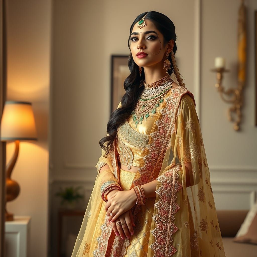 Woman in Embroidered Gold Lehenga: Raja Ravi Varma Style