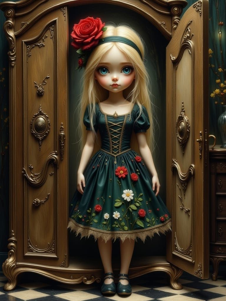 Doll-Like Girl in Wardrobe, Eerie Forest Backdrop