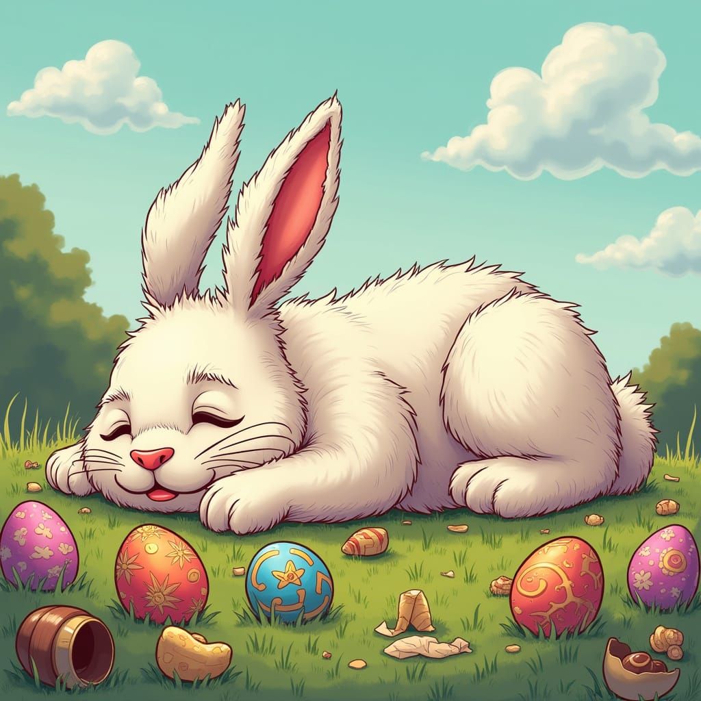 Giant fluffy Easter bunny, lying down incapacitated with cho...