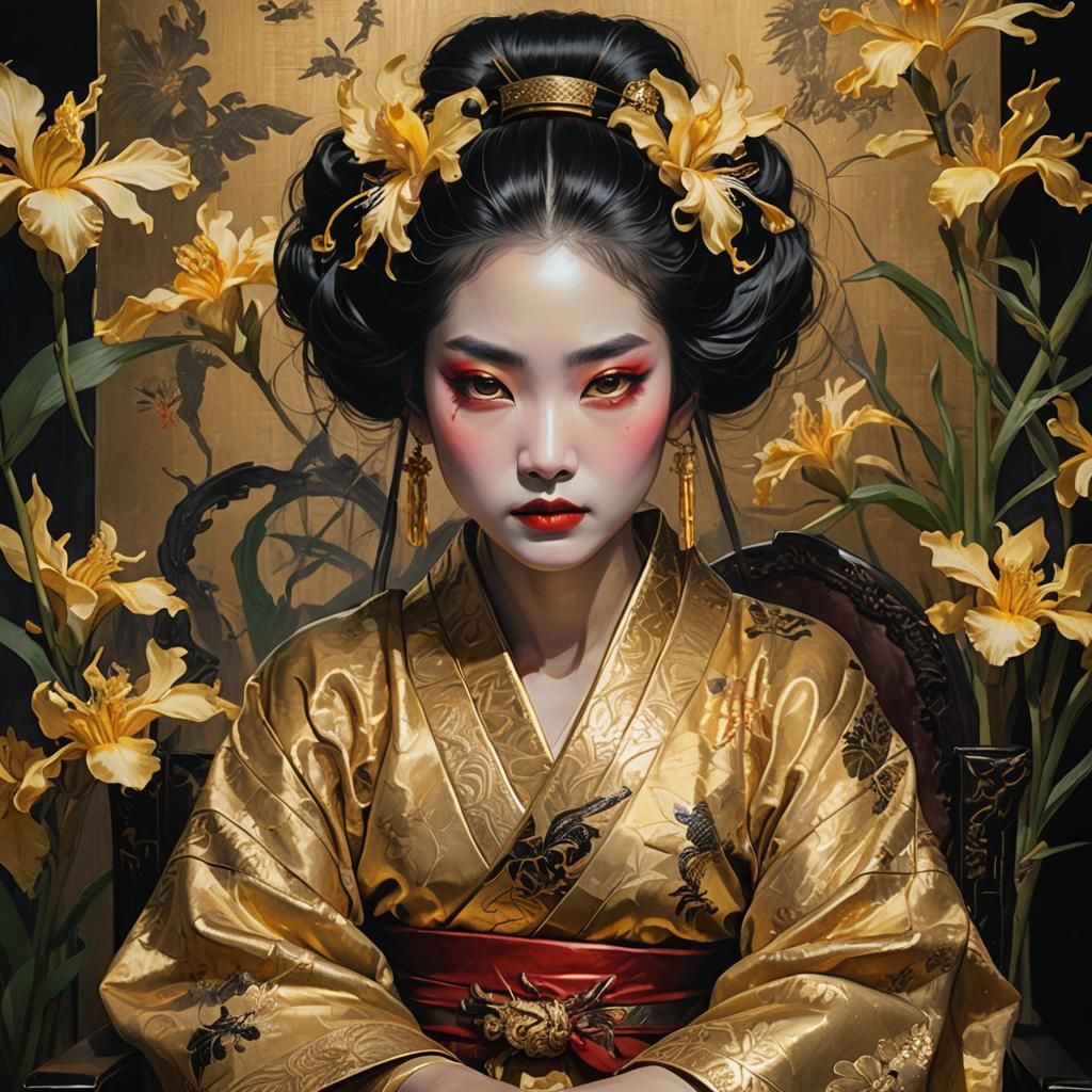 Demon Woman in Gold Kimono, Oriental Fantasy Art