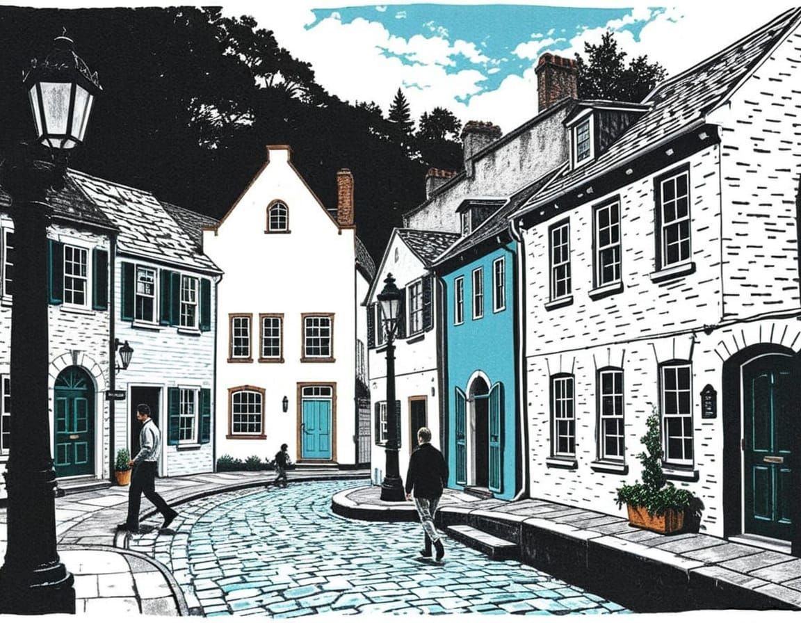Cobblestone Village in Turquoise Linocut Style