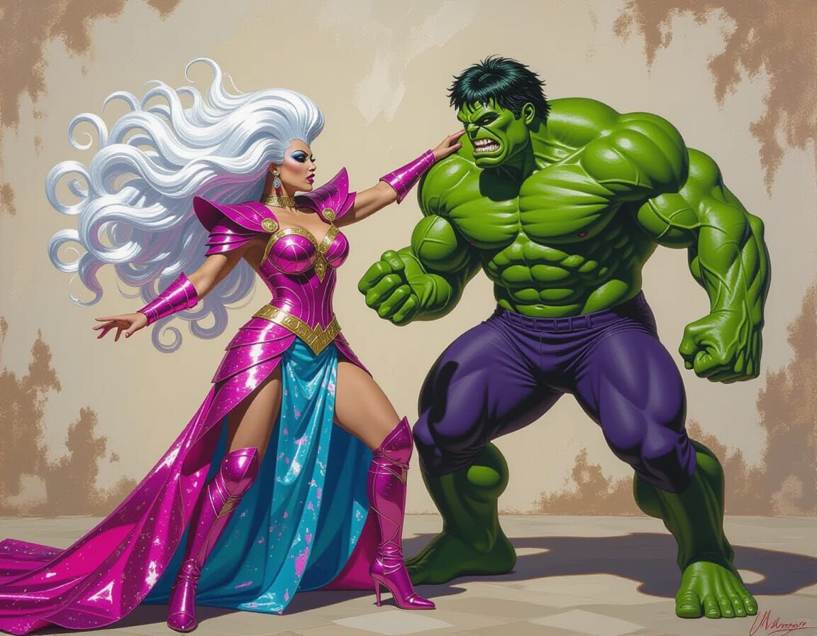 Drag Artist as Medusa Defeats Hulk in Oil Painting