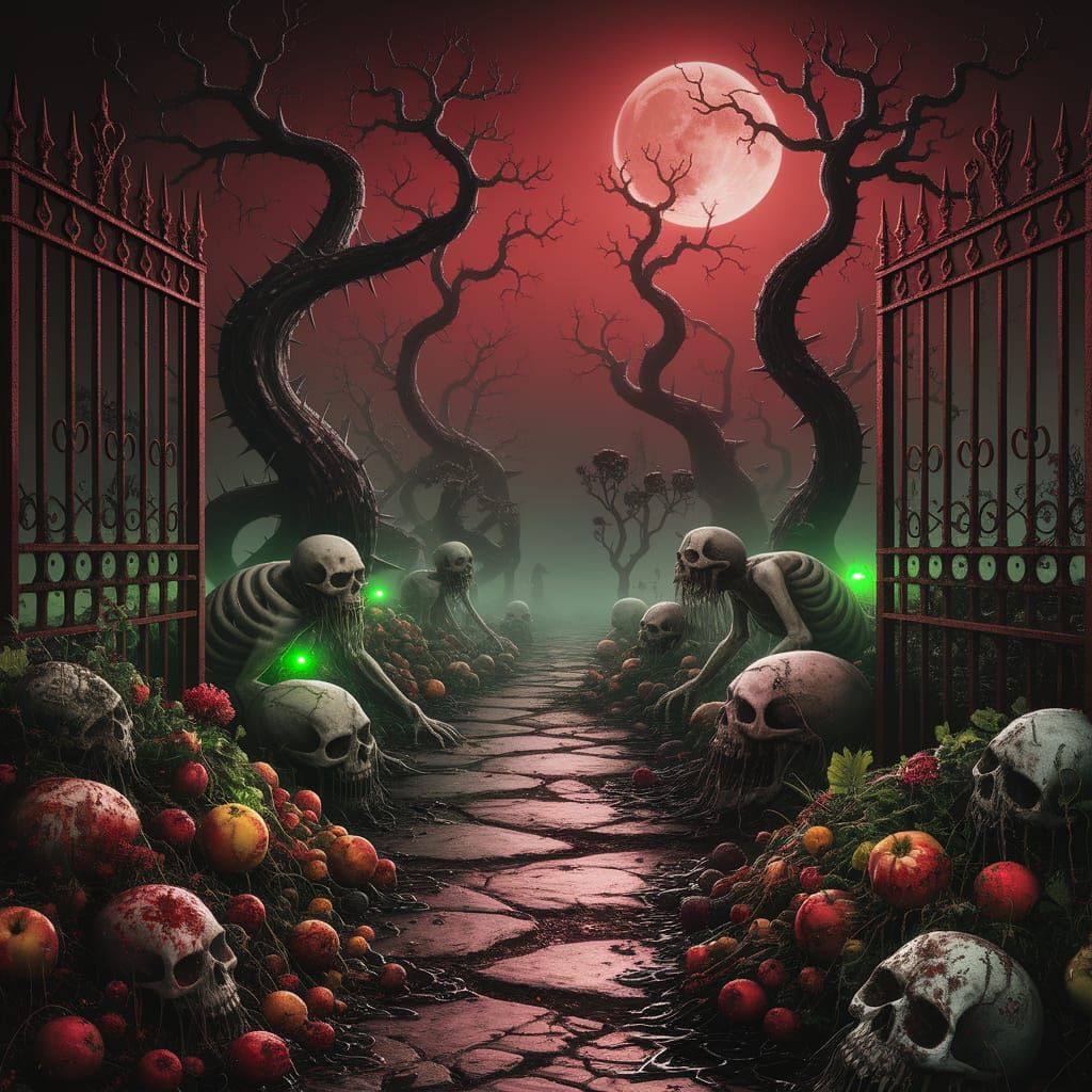 Surreal Horror Garden Under a Blood-Red Moon