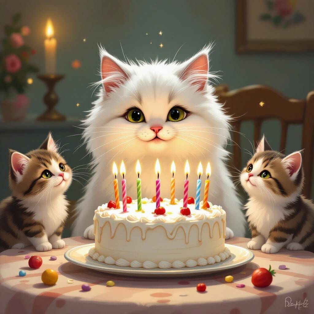 Cat Blows Out Birthday Candles in Whimsical Illustration