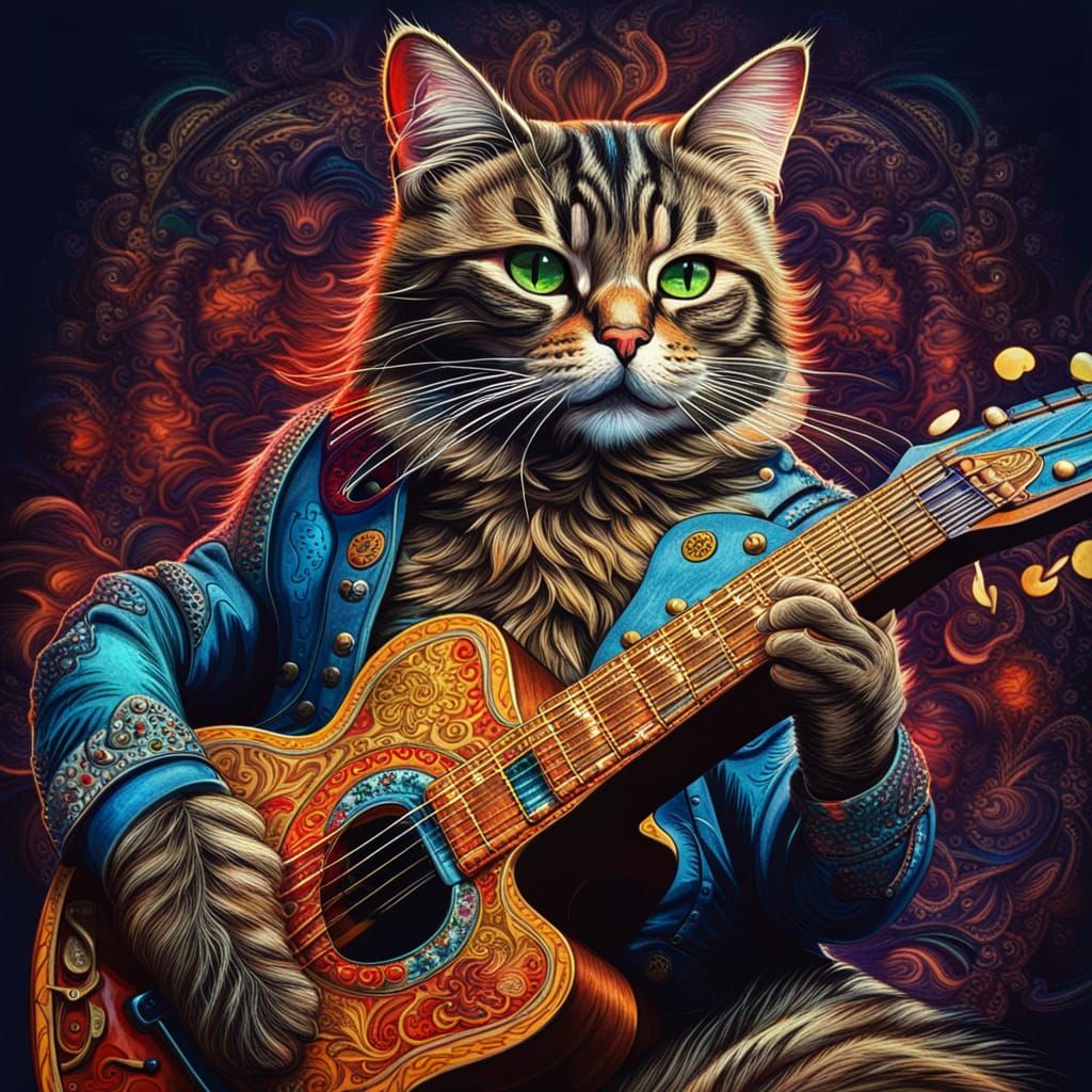 A cat that looks like Elvis Presley playing guitar