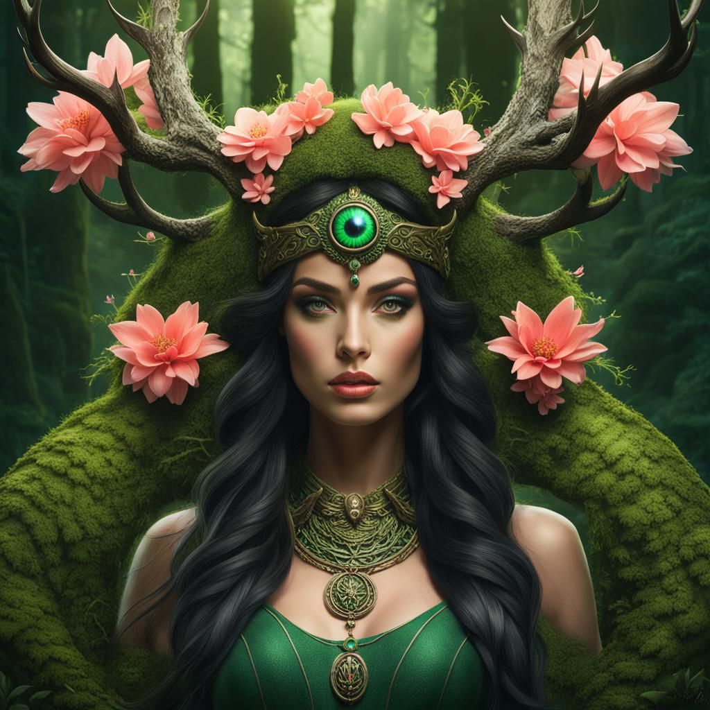 Woodland Goddess with Antlers in Forest Art