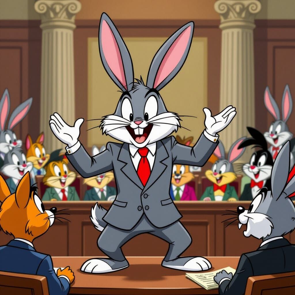 Anthropomorphic Rabbit Lawyer in Chaotic Courtroom