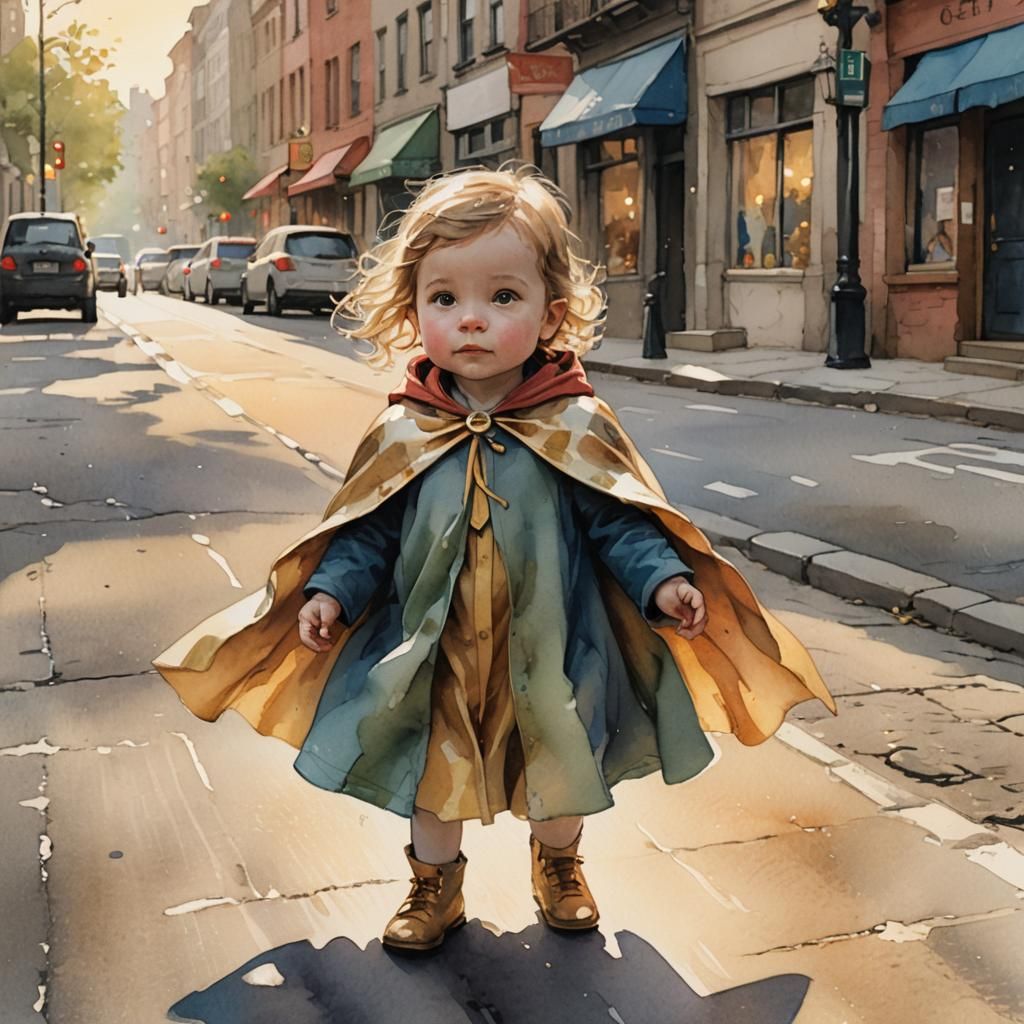 Baby Superhero in City Street, Watercolor Illustration