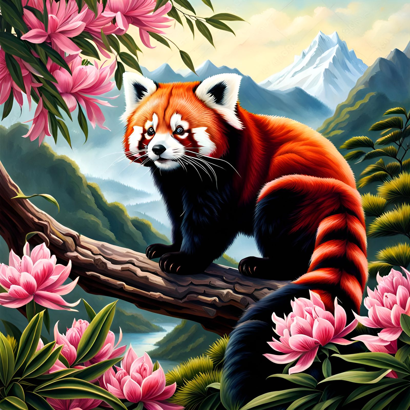 Red Panda in Mountain Landscape, Oil Painting