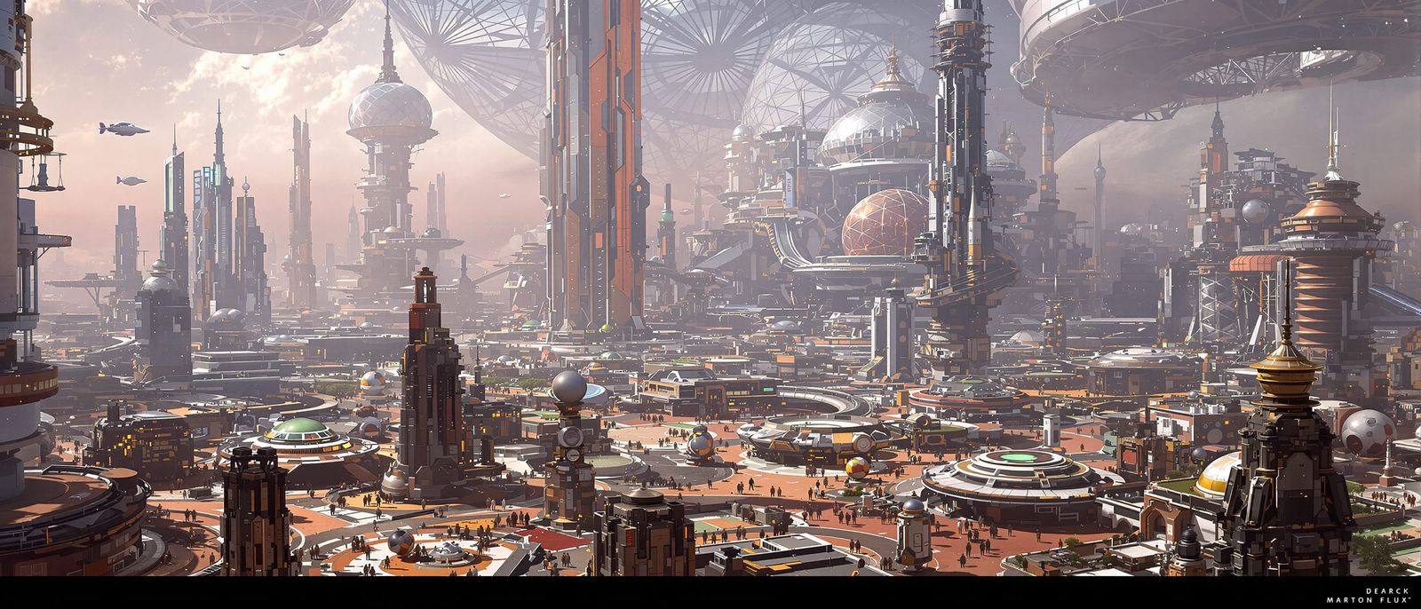 Bustling Martian Megacity Under Transparent Dome