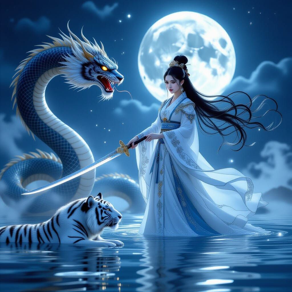 Princess Confronts Serpent Under Moonlight