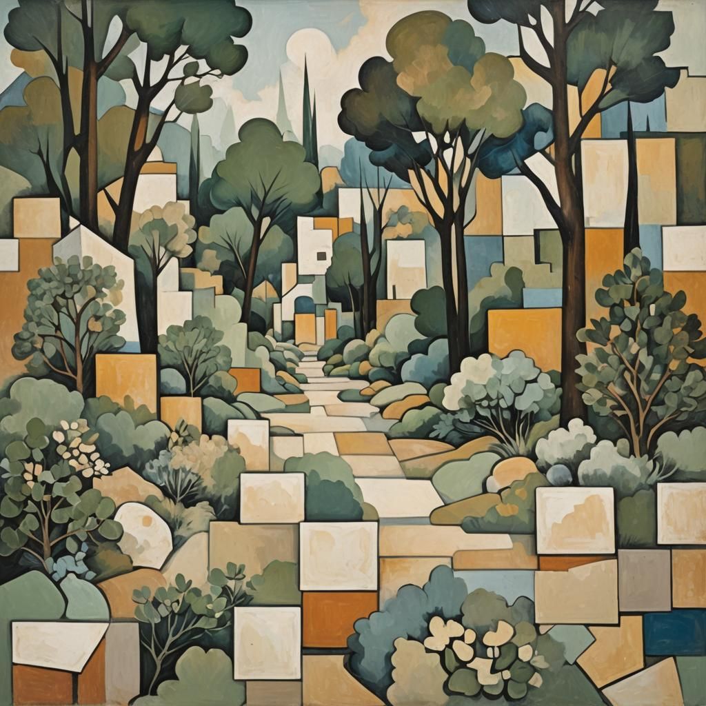 Abstract Cubist Landscape Painting in Earth Tones