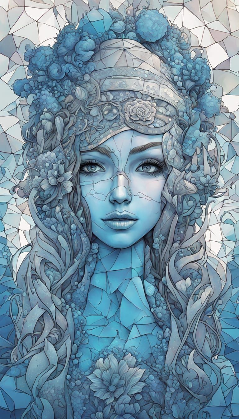 Detailed Blue Mosaic of a Woman's Face