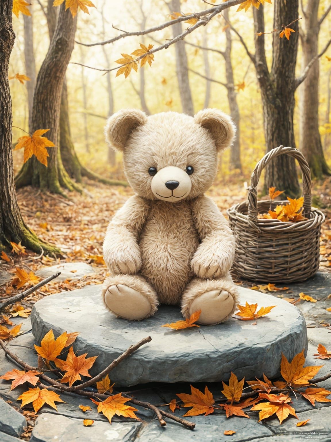 Minimalist Teddy Bear Art with Natural Elements