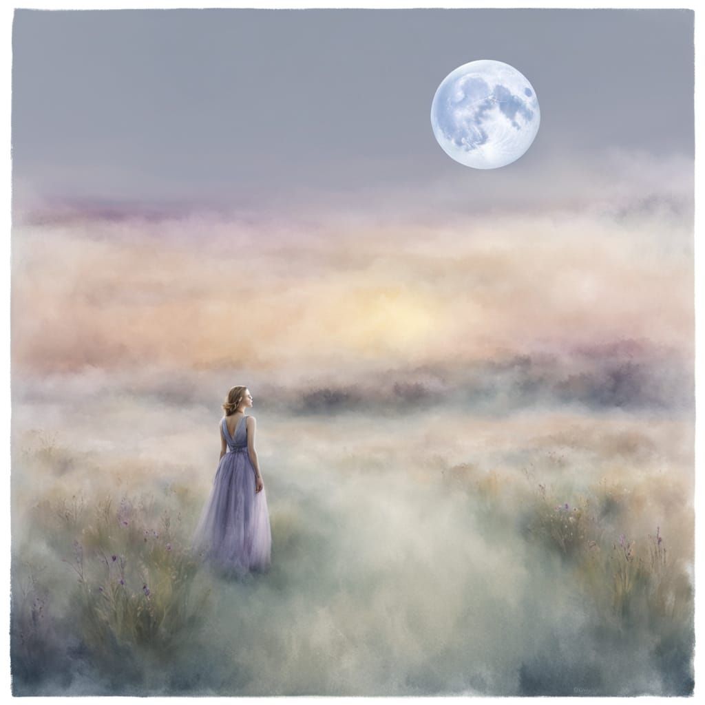 Dreamlike Watercolor of a Misty Summer Night Meadow