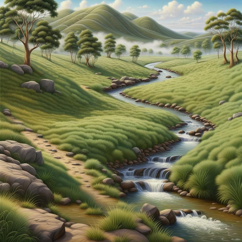 Hyperdetailed Landscape with Verdant Meadow in Tonalist Styl...