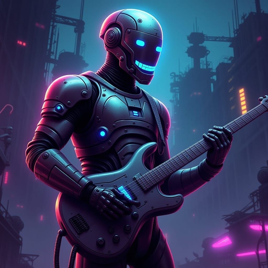 Cyberpunk Robot Shredder in Neon-Lit Cityscape