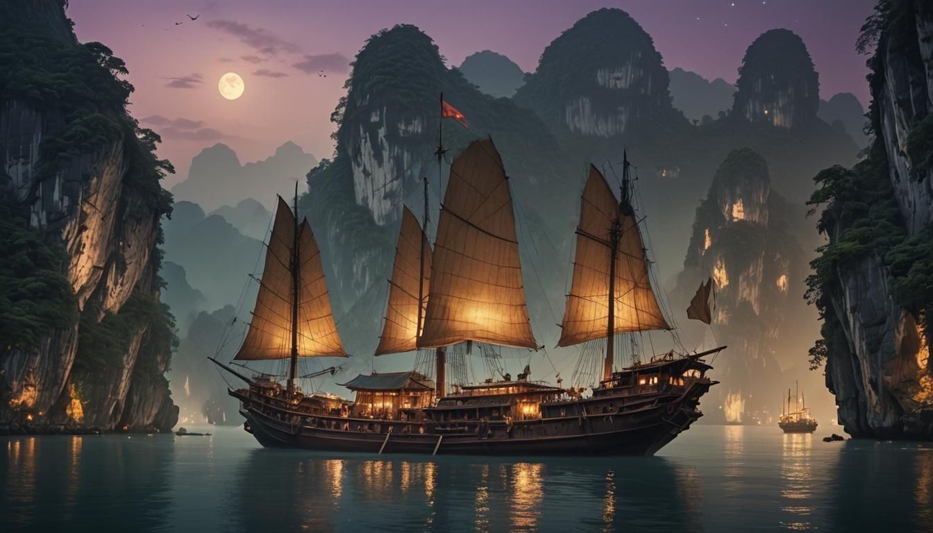 Mystical Chinese Junk Sails Through Moonlit Halong Bay