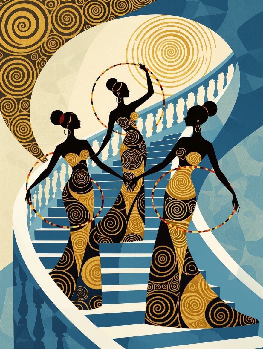 Abstract Geometric Hula Hoop Scene in Escher-Inspired Style