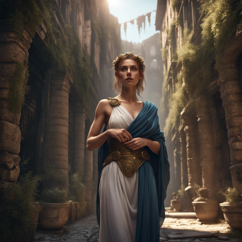 Woman in Toga in Ancient Roman Alley