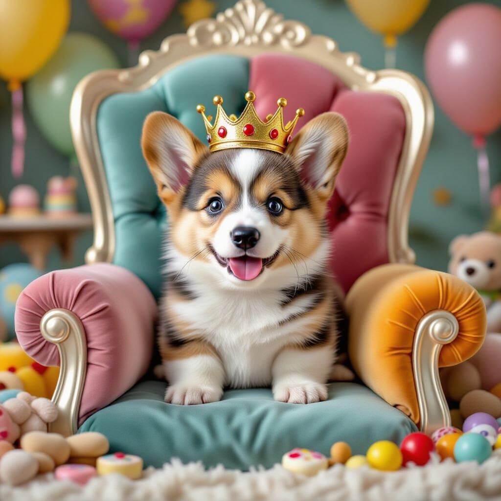 Adorable Corgi Puppy King on Pillow Throne