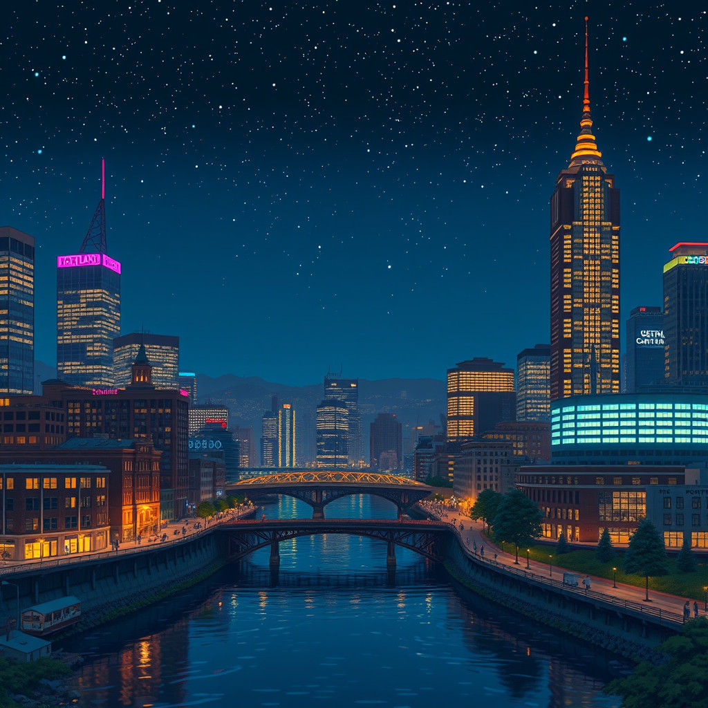 Portland Oregon Skyline in Studio Ghibli Style