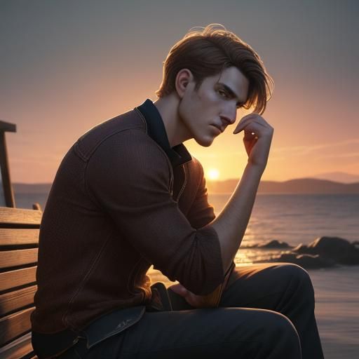 Hyperrealistic Men on Bench at Sunset