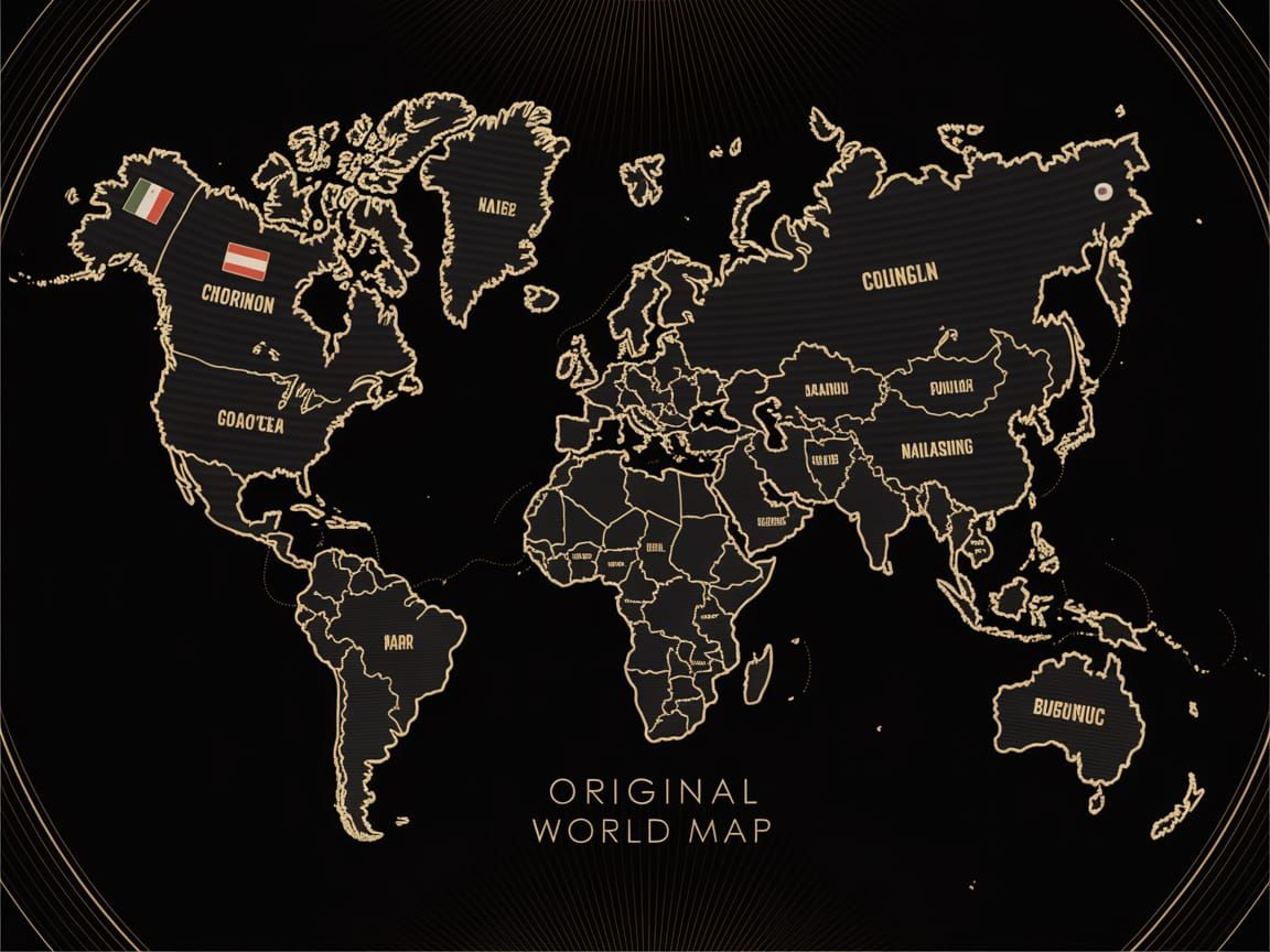 Golden World Map with Black Country Flags