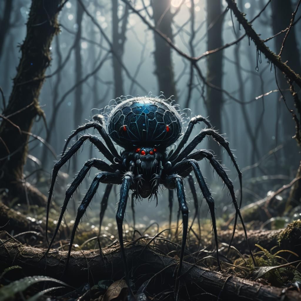 Eerie Spider in Misty Forest: Dark Fantasy Illustration