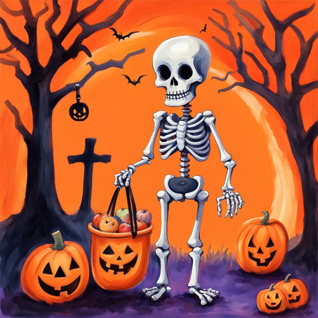 Cute Halloween Skeleton in Gouache Watercolor Style