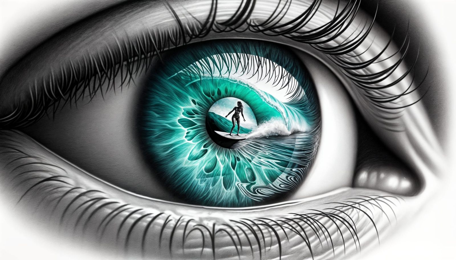 Aquamarine Eye Reflects Surfing Silhouette