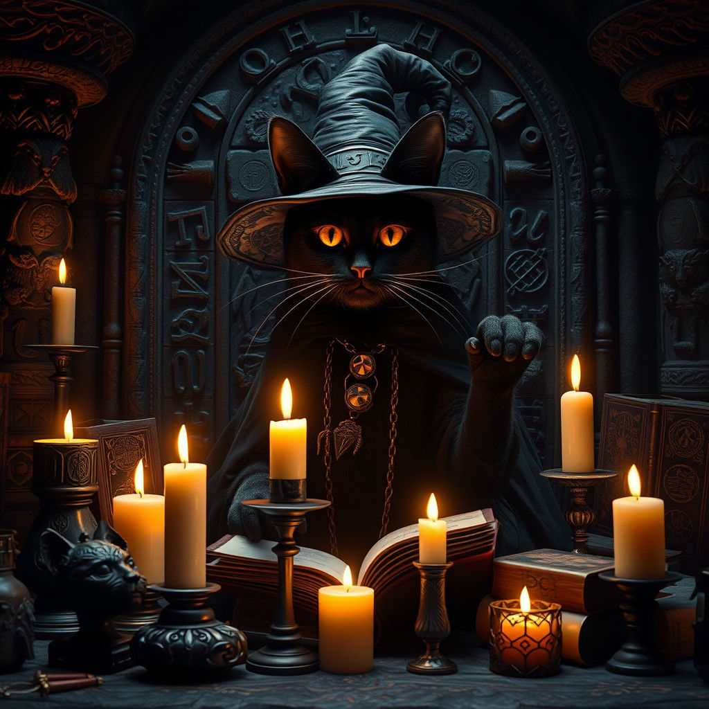 Mysterious Black Cat Witch in Candlelit Chamber