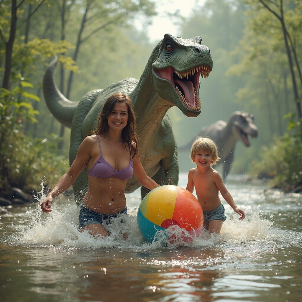 cute mom and the kids splashing in a streamy swamp