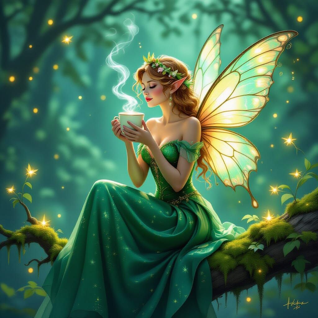 A delicate fairy with iridescent wings, dressed in a shimmer...