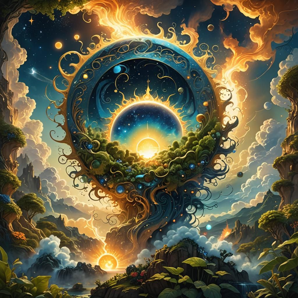 Mystical Sun with Celestial Bodies in Surreal Style
