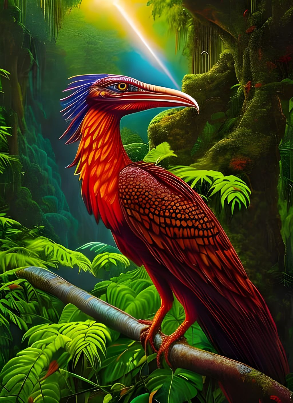 Vibrant Archaeopteryx in Rainforest: Colored Pencil Drawing
