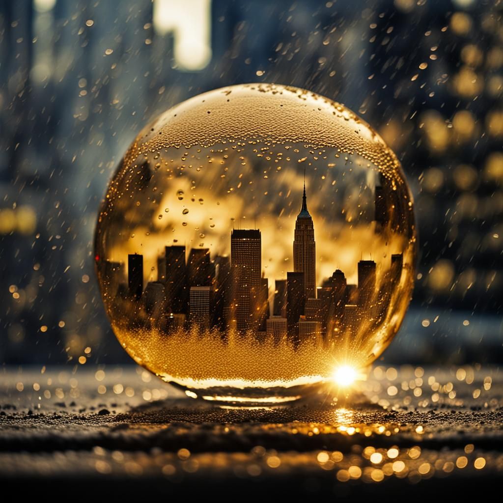 Golden Rain and New York Skyline in Glass Ball